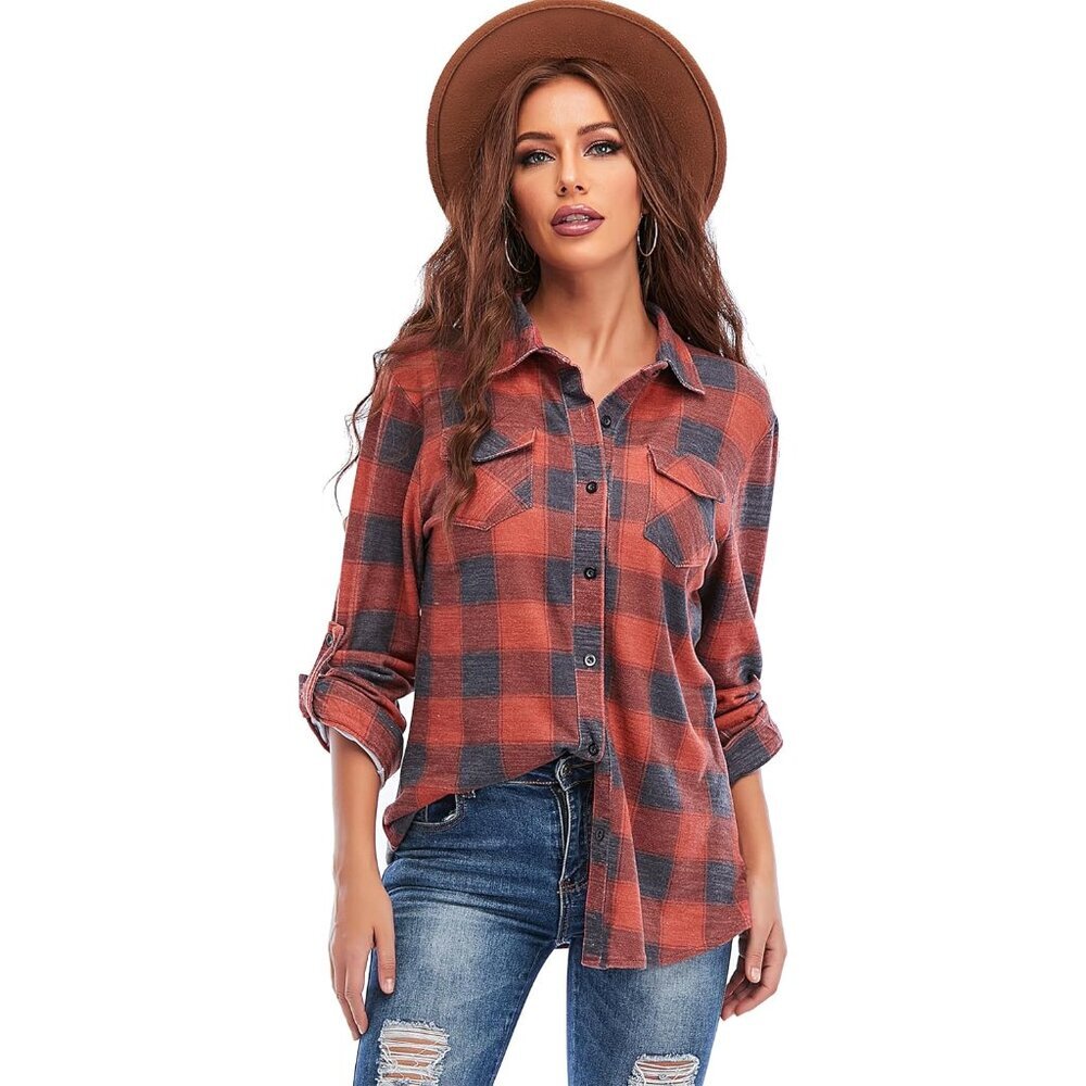 Versatile Women's Cuffed Button-Down Plaid Shirt … - image 1